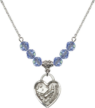 18" Rhodium Plated Necklace with 4mm Light Sapphire Crystal Beads featuring a Sterling Silver Graduation Heart Medal. Engraved Catholic Saint Jewelry