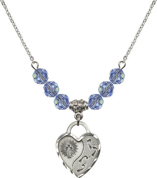 18" Rhodium Plated Necklace with 4mm Light Sapphire Crystal Beads featuring a Sterling Silver Footprints Heart Medal. Engraved Catholic Saint Jewelry