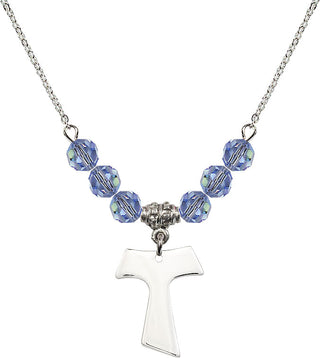 18" Rhodium Plated Necklace with 4mm Light Sapphire Crystal Beads featuring a Sterling Silver Tau Cross Medal.