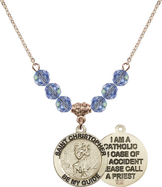 18" Hamilton Gold Plated Necklace with 4mm Light Sapphire Crystal Beads featuring a 14kt Gold Filled Saint Christopher Medal.