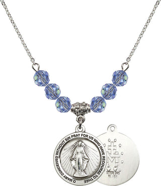 18" Rhodium Plated Necklace with 4mm Light Sapphire Crystal Beads featuring a Sterling Silver Miraculous Medal.