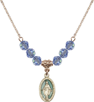 18" Hamilton Gold Plated Necklace with 4mm Light Sapphire Crystal Beads featuring a 14kt Gold Filled Miraculous Medal.