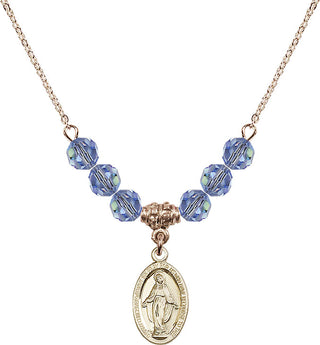 18" Hamilton Gold Plated Necklace with 4mm Light Sapphire Crystal Beads featuring a 14kt Gold Filled Miraculous Medal.