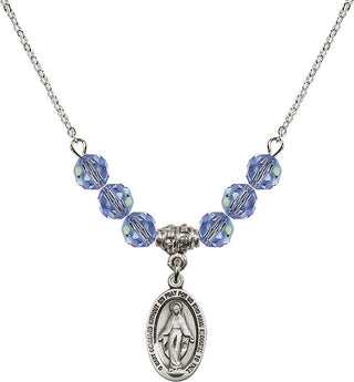18" Rhodium Plated Necklace with 4mm Light Sapphire Crystal Beads featuring a Sterling Silver Miraculous Medal.