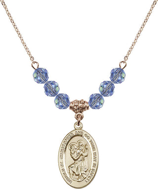 18" Hamilton Gold Plated Necklace with 4mm Light Sapphire Crystal Beads featuring a 14kt Gold Filled Saint Christopher Medal. Engraved Catholic Saint Jewelry