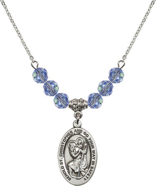 18" Rhodium Plated Necklace with 4mm Light Sapphire Crystal Beads featuring a Sterling Silver Saint Christopher Medal. Engraved Catholic Saint Jewelry