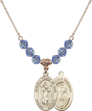 18" Hamilton Gold Plated Necklace with 4mm Light Sapphire Crystal Beads featuring a 14kt Gold Filled Divine Mercy Medal.