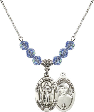 18" Rhodium Plated Necklace with 4mm Light Sapphire Crystal Beads featuring a Sterling Silver Divine Mercy Medal.