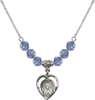 18" Rhodium Plated Necklace with 4mm Light Sapphire Crystal Beads featuring a Sterling Silver Scapular Medal.