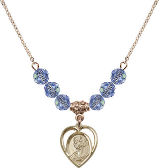 18" Hamilton Gold Plated Necklace with 4mm Light Sapphire Crystal Beads featuring a 14kt Gold Filled Saint Christopher Medal.