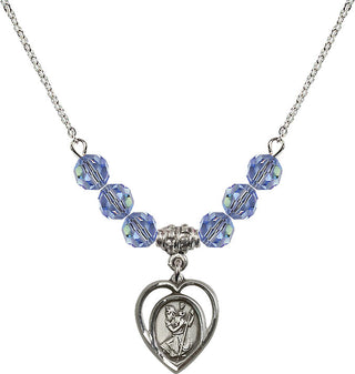 18" Rhodium Plated Necklace with 4mm Light Sapphire Crystal Beads featuring a Sterling Silver Saint Christopher Medal.