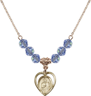 18" Hamilton Gold Plated Necklace with 4mm Light Sapphire Crystal Beads featuring a 14kt Gold Filled Saint Jude Medal.