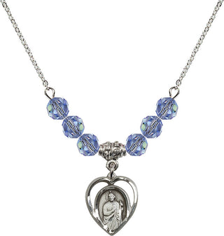 18" Rhodium Plated Necklace with 4mm Light Sapphire Crystal Beads featuring a Sterling Silver Saint Jude Medal.