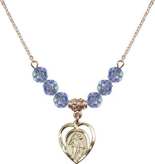 18" Hamilton Gold Plated Necklace with 4mm Light Sapphire Crystal Beads featuring a 14kt Gold Filled Guardian Angel Medal.