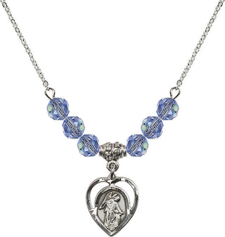 18" Rhodium Plated Necklace with 4mm Light Sapphire Crystal Beads featuring a Sterling Silver Guardian Angel Medal.