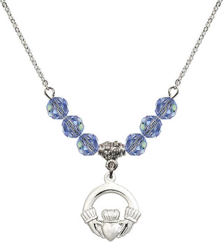 18" Rhodium Plated Necklace with 4mm Light Sapphire Crystal Beads featuring a Sterling Silver Claddagh Medal.