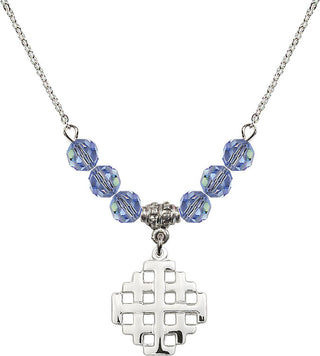 18" Rhodium Plated Necklace with 4mm Light Sapphire Crystal Beads featuring a Sterling Silver Jerusalem Cross Medal.