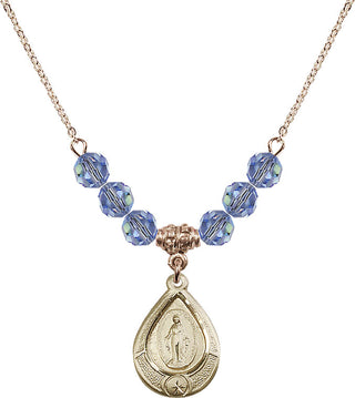 18" Hamilton Gold Plated Necklace with 4mm Light Sapphire Crystal Beads featuring a 14kt Gold Filled Miraculous Medal.