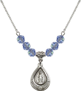 18" Rhodium Plated Necklace with 4mm Light Sapphire Crystal Beads featuring a Sterling Silver Miraculous Medal.