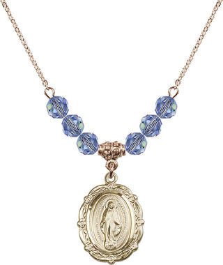 18" Hamilton Gold Plated Necklace with 4mm Light Sapphire Crystal Beads featuring a 14kt Gold Filled Miraculous Medal.