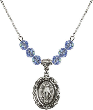 18" Rhodium Plated Necklace with 4mm Light Sapphire Crystal Beads featuring a Sterling Silver Miraculous Medal.