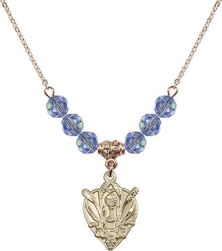 18" Hamilton Gold Plated Necklace with 4mm Light Sapphire Crystal Beads featuring a 14kt Gold Filled Communion Medal.