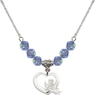 18" Rhodium Plated Necklace with 4mm Light Sapphire Crystal Beads featuring a Sterling Silver Heart / Guardian Angel Medal.