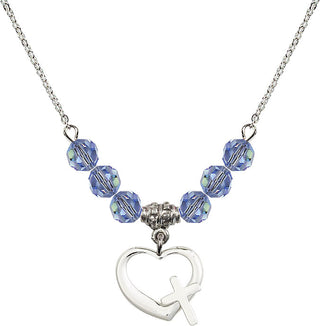 18" Rhodium Plated Necklace with 4mm Light Sapphire Crystal Beads featuring a Sterling Silver Heart / Cross Medal.