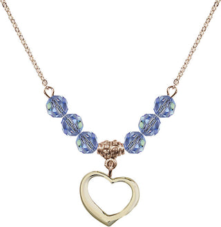 18" Hamilton Gold Plated Necklace with 4mm Light Sapphire Crystal Beads featuring a 14kt Gold Filled Heart Medal.