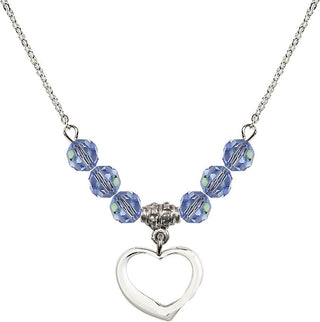 18" Rhodium Plated Necklace with 4mm Light Sapphire Crystal Beads featuring a Sterling Silver Heart Medal.
