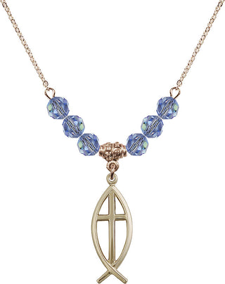 18" Hamilton Gold Plated Necklace with 4mm Light Sapphire Crystal Beads featuring a 14kt Gold Filled Fish / Cross Medal.