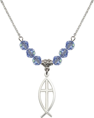 18" Rhodium Plated Necklace with 4mm Light Sapphire Crystal Beads featuring a Sterling Silver Fish / Cross Medal.