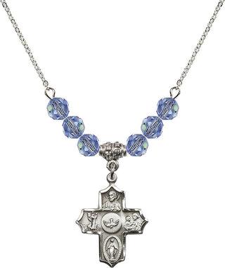 18" Rhodium Plated Necklace with 4mm Light Sapphire Crystal Beads featuring a Sterling Silver 5-Way Medal.