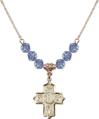 18" Hamilton Gold Plated Necklace with 4mm Light Sapphire Crystal Beads featuring a 14kt Gold Filled 4-Way Medal.