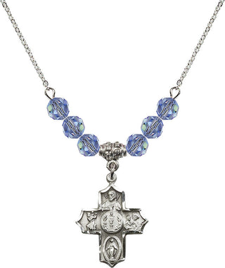 18" Rhodium Plated Necklace with 4mm Light Sapphire Crystal Beads featuring a Sterling Silver 4-Way Medal.
