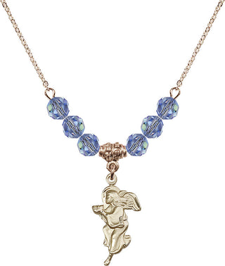 18" Hamilton Gold Plated Necklace with 4mm Light Sapphire Crystal Beads featuring a 14kt Gold Filled Guardian Angel Medal.