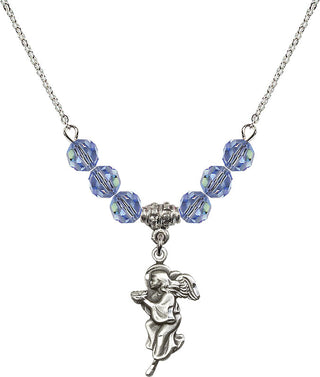 18" Rhodium Plated Necklace with 4mm Light Sapphire Crystal Beads featuring a Sterling Silver Guardian Angel Medal.