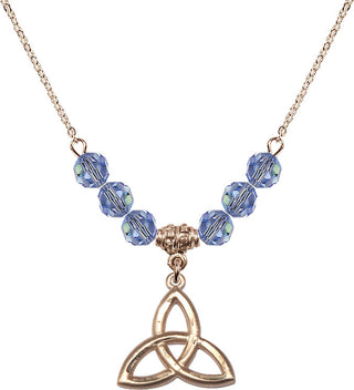 18" Hamilton Gold Plated Necklace with 4mm Light Sapphire Crystal Beads featuring a 14kt Gold Filled Trinity Irish Knot Medal.