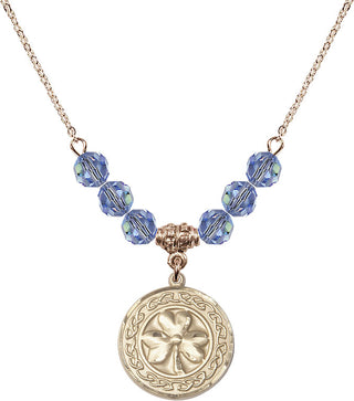 18" Hamilton Gold Plated Necklace with 4mm Light Sapphire Crystal Beads featuring a 14kt Gold Filled Shamrock with Celtic Border Medal.