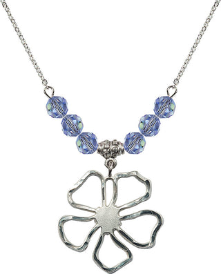 18" Rhodium Plated Necklace with 4mm Light Sapphire Crystal Beads featuring a Sterling Silver Five Pedal Flower Medal.