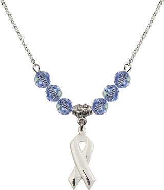 18" Rhodium Plated Necklace with 4mm Light Sapphire Crystal Beads featuring a Sterling Silver Cancer Awareness Medal.