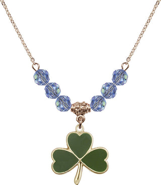 18" Hamilton Gold Plated Necklace with 4mm Light Sapphire Crystal Beads featuring a 14kt Gold Filled Shamrock Medal.