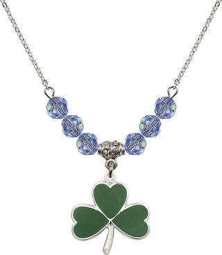 18" Rhodium Plated Necklace with 4mm Light Sapphire Crystal Beads featuring a Sterling Silver Shamrock Medal.