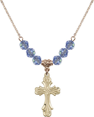 18" Hamilton Gold Plated Necklace with 4mm Light Sapphire Crystal Beads featuring a 14kt Gold Filled Cross Medal.