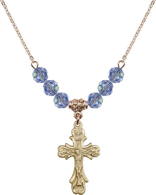 18" Hamilton Gold Plated Necklace with 4mm Light Sapphire Crystal Beads featuring a 14kt Gold Filled Crucifix Medal.