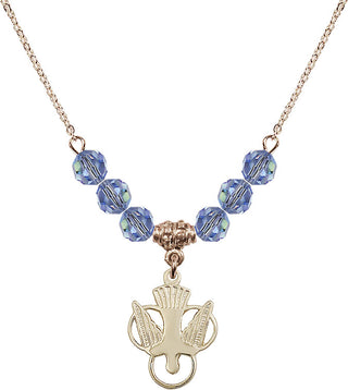 18" Hamilton Gold Plated Necklace with 4mm Light Sapphire Crystal Beads featuring a 14kt Gold Filled Holy Spirit Medal.