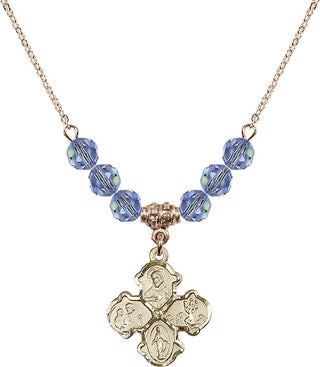 18" Hamilton Gold Plated Necklace with 4mm Light Sapphire Crystal Beads featuring a 14kt Gold Filled 4-Way Medal.