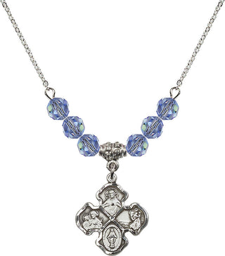 18" Rhodium Plated Necklace with 4mm Light Sapphire Crystal Beads featuring a Sterling Silver 4-Way Medal.