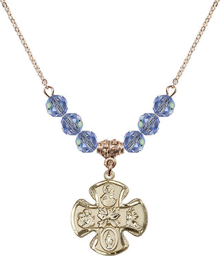 18" Hamilton Gold Plated Necklace with 4mm Light Sapphire Crystal Beads featuring a 14kt Gold Filled 5-Way Medal.
