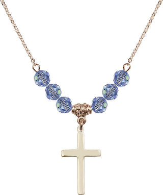18" Hamilton Gold Plated Necklace with 4mm Light Sapphire Crystal Beads featuring a 14kt Gold Filled Cross Medal.